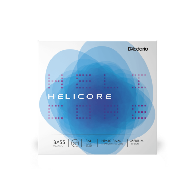 Embalagem branca de cordas para contrabaixo D'Addario Helicore com elementos azuis e texto roxo