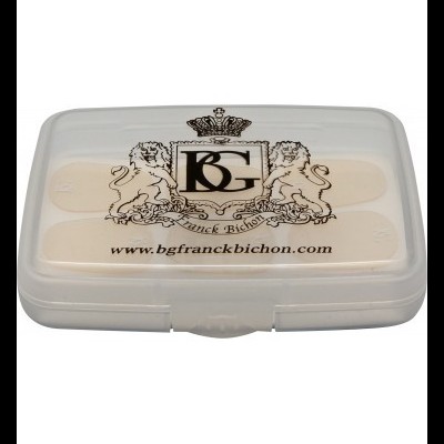 Estojo plástico com palhetas de guitarra e logo BG com leões