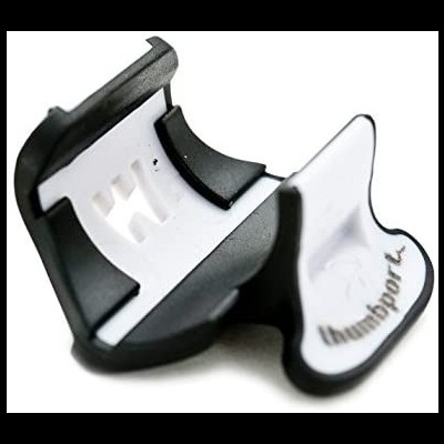 Acessório preto e branco em plástico com texto 'thumbsport'