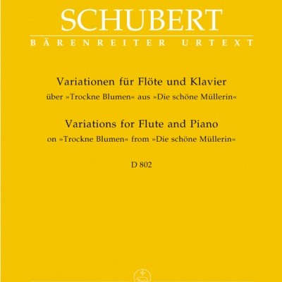 Capa amarela de partitura musical Schubert com texto em alemão e inglês
