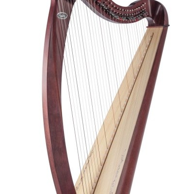 Harpa de madeira castanha escura e clara com cordas e decoração floral