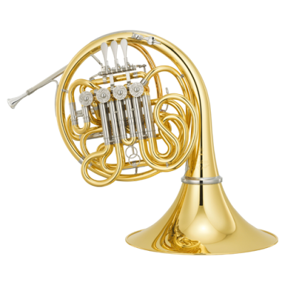 Trompa dourada com válvulas prateadas sobre fundo branco