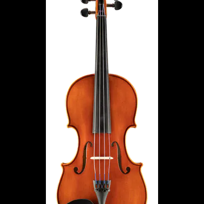 Violino clássico de madeira castanha com cravelhas e queixeira pretas