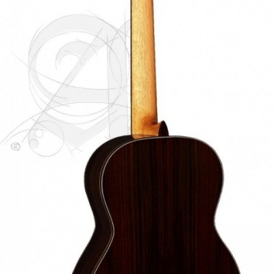 Guitarra clássica vista de costas com corpo em madeira escura e pescoço em madeira clara