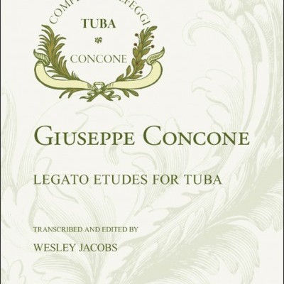 Capa de partitura para tuba com motivos florais e texto em verde