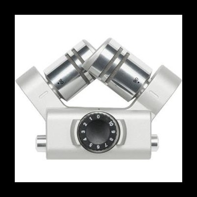 Microfone de estúdio metálico prateado com base branca e mostrador numérico