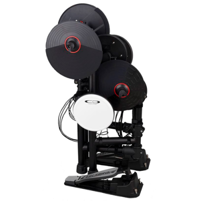 Bateria eletrónica preta com pratos redondos e pedal