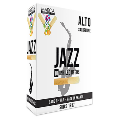 Caixa branca de palhetas para saxofone alto JAZZ com texto e silhueta de saxofone