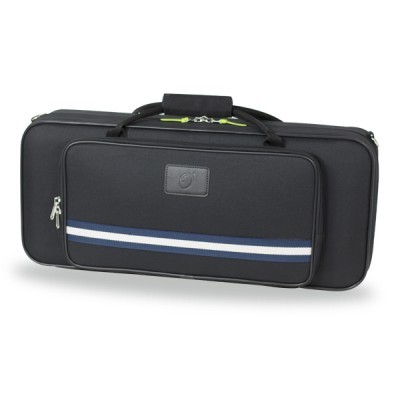 Estojo rígido preto para instrumentos musicais com alça acolchoada e faixas azuis e brancas