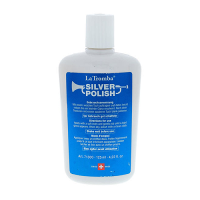 Frasco branco de La Tromba Silver Polish com etiqueta azul e texto em várias línguas