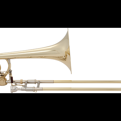 Trombón dorado brillante sobre fondo blanco