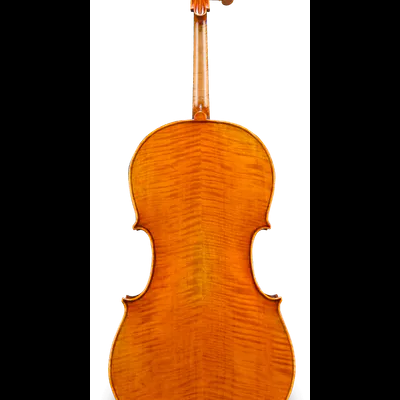Violoncelo visto de costas com acabamento em verniz laranja