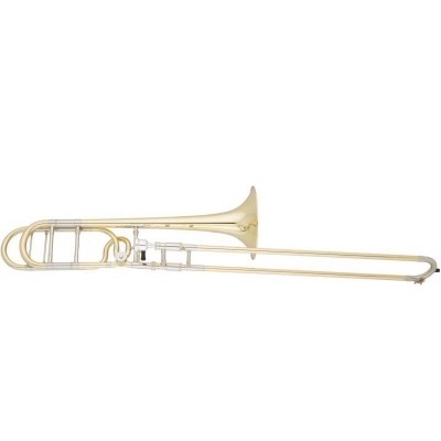 Trombone dourado com peça deslizante e válvula rotativa