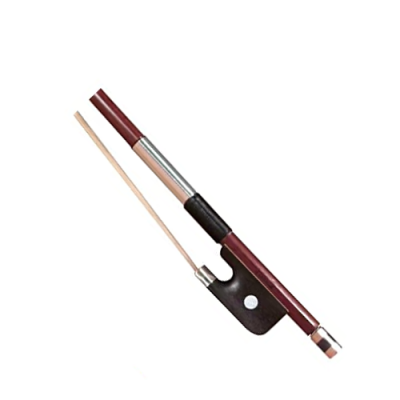 Arco para violino com madeira vermelha e detalhes metálicos prateados