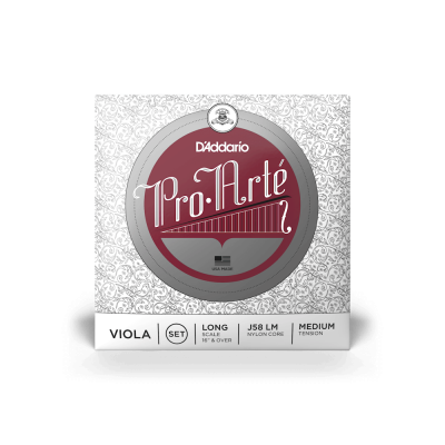 Embalagem de cordas para viola D'Addario Pro-Arté branca e cinza com texto informativo