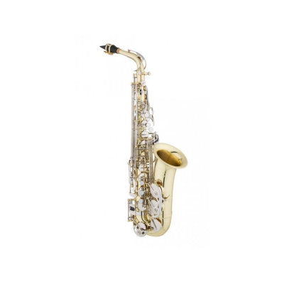 Saxofone alto dourado com teclas prateadas e bocal preto
