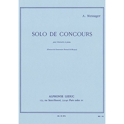 Capa azul clara de uma partitura musical intitulada Solo de Concours por A. Messager