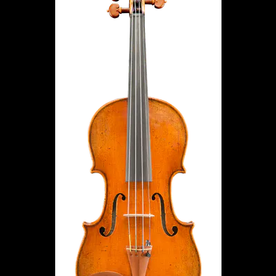 Violino de madeira castanho claro com quatro cordas e cravelhas castanhas