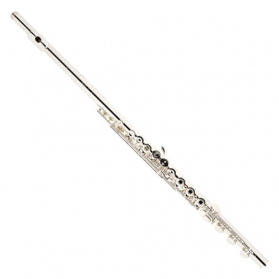 Flauta transversal metálica prateada com várias chaves