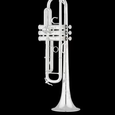 Trompete prateado com válvulas brancas e detalhes gravados no sino