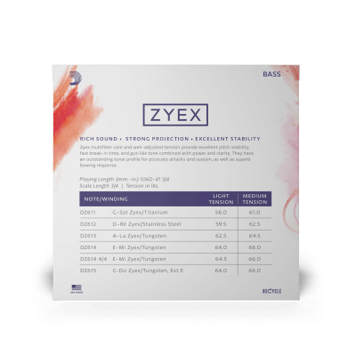 Embalagem de cordas para baixo da marca Zyex com texto e gráficos em fundo branco