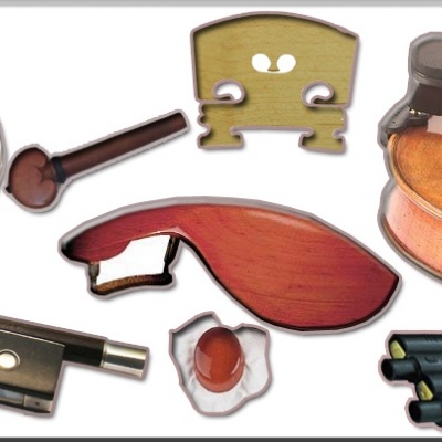 Partes de violino e arco sobre fundo claro