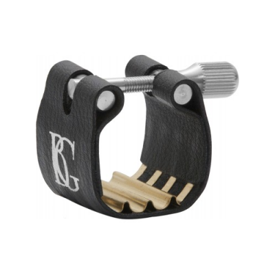 Anilha para clarinete em pele preta com parafuso prateado e detalhes dourados