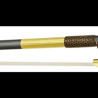 Arco de violino com detalhe em madeira castanha e acabamento dourado