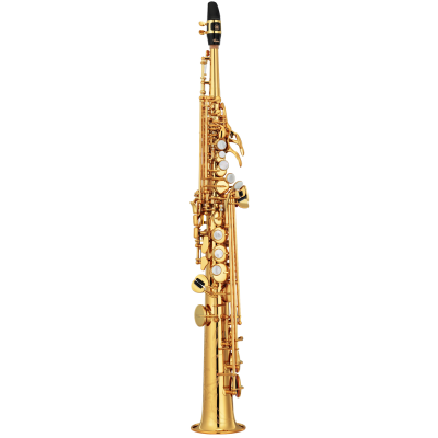 Saxofone soprano dourado com bocal preto
