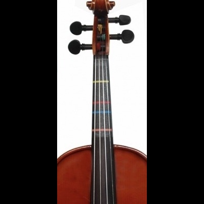 Braço e caixa de violino de madeira castanha com cravelhas pretas e marcações coloridas