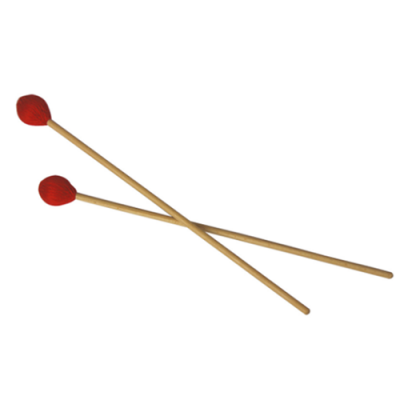 Dois baquetas de marimba cruzadas com cabo de madeira clara e pontas vermelhas