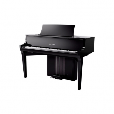 Piano digital preto Yamaha com teclas e pedais