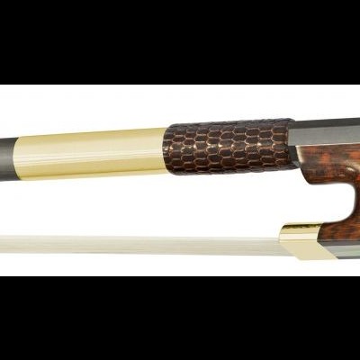 Arco para violoncelo com cabo preto e pega em acabamento castanho texturizado