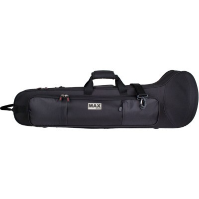 Estojo rígido preto para guitarra acústica com bolso frontal e alça de transporte.