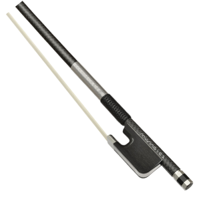 Rabeca para violino com cabo preto, detalhe prateado e pelo branco