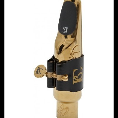 Mouthpiece dourado para saxofone com capa preta e parafuso ajustável.