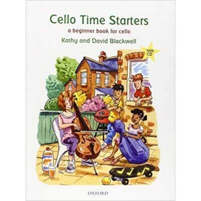 Capa de livro 'Cello Time Starters' com ilustração de crianças e violoncelo