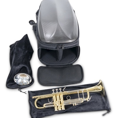 Trompete dourado sobre estojo acolchoado e estojo rígido preto aberto
