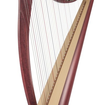 Harpa musical de madeira com cordas e base de apoio