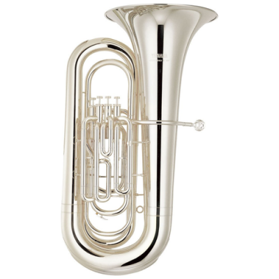 Eufónio prateado em metal brilhante com três pistões e campânula larga