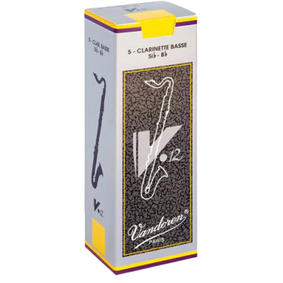 Embalagem de palhetas para clarinete baixo Vandoren V.12 com design branco, cinzento e amarelo