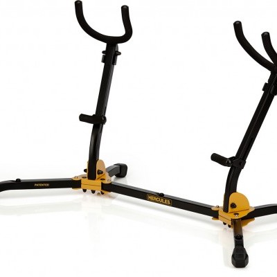 Suporte para violão metálico preto e amarelo com pés de borracha