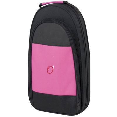 Bolsa ou estojo preto e rosa com símbolo vermelho no centro