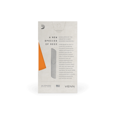 Embalagem branca com texto e detalhe laranja contendo informação sobre um produto chamado VENN