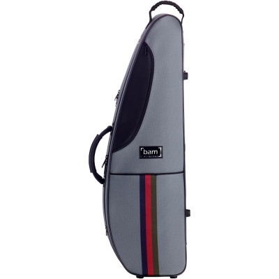 Mala cinzenta para instrumento musical com bolso preto e riscas coloridas