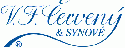 Logotipo azul com texto 'V.F. Červený & SYNOVÉ' em fundo branco