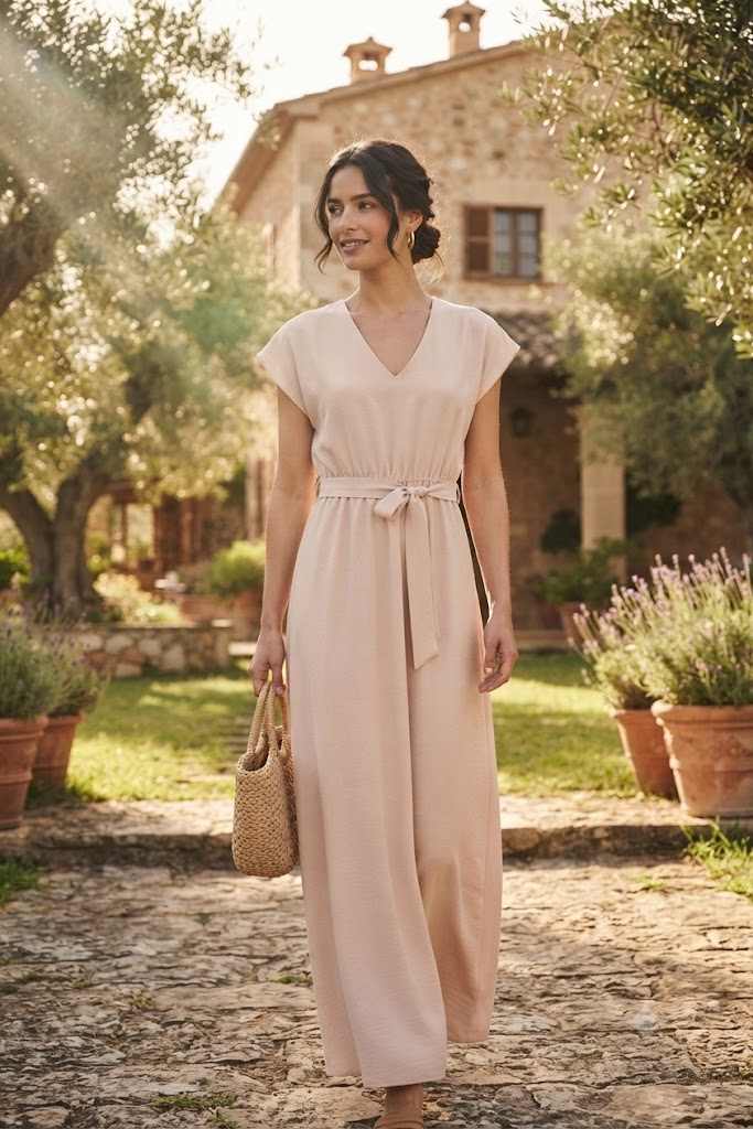 Vestido comprido com cinto Ferrache Mulher com vestido longo bege e mala trançada numa área exterior com árvores e casa de pedra