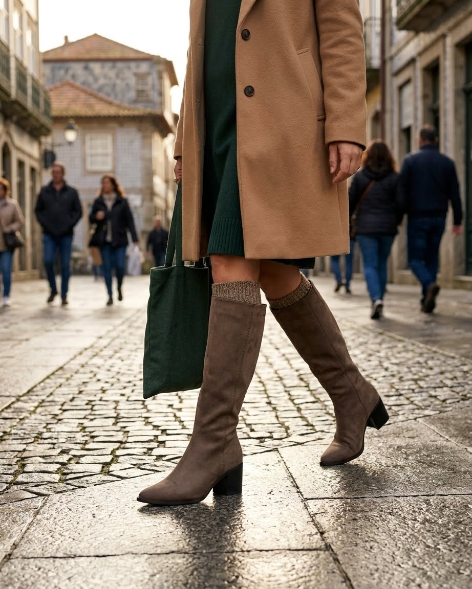 BOTA SENHORA XTI DE CANO ALTO Bota feminina alta castanha em camurça com salto quadrado num cenário urbano.