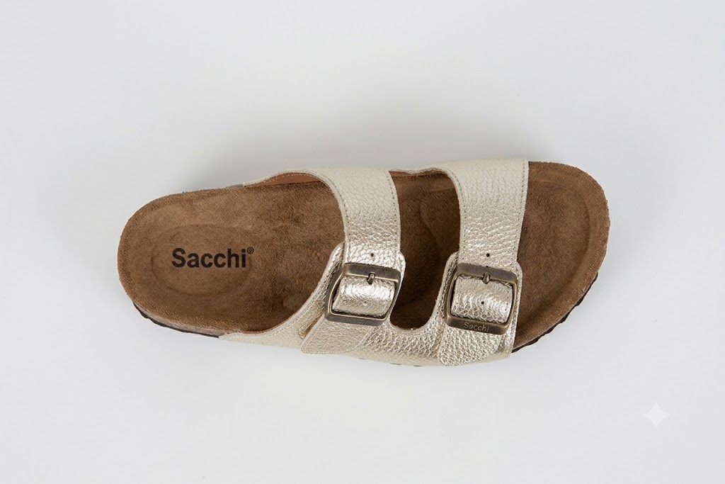 Chinelo Anatómico em Pele Sacchi Sandália birken bege com palmilha de camurça castanha e fivelas metálicas