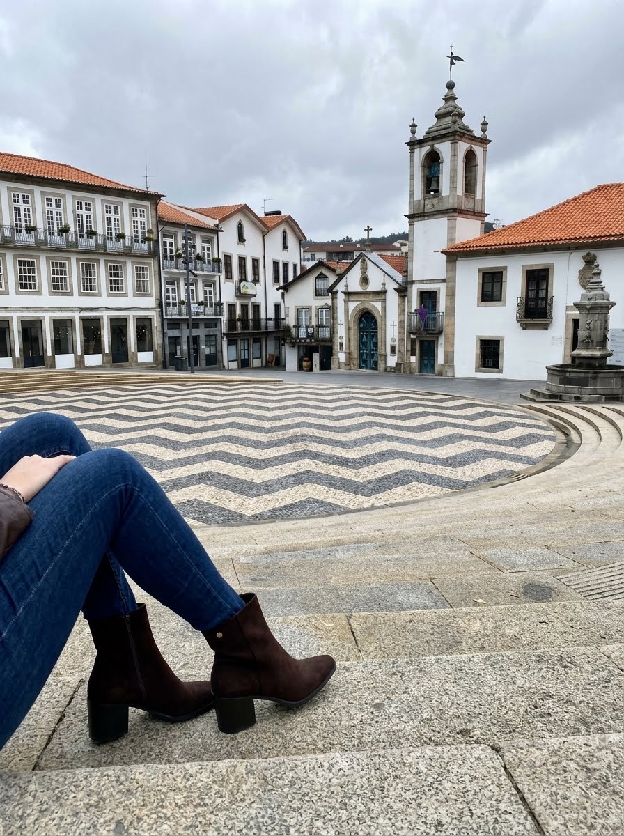 BOTIM XTI DE SENHORA EM CASTANHO Botins castanhos em camurça com salto médio usados com jeans azuis em escadas junto a praça com calçada portuguesa e edifícios históricos.